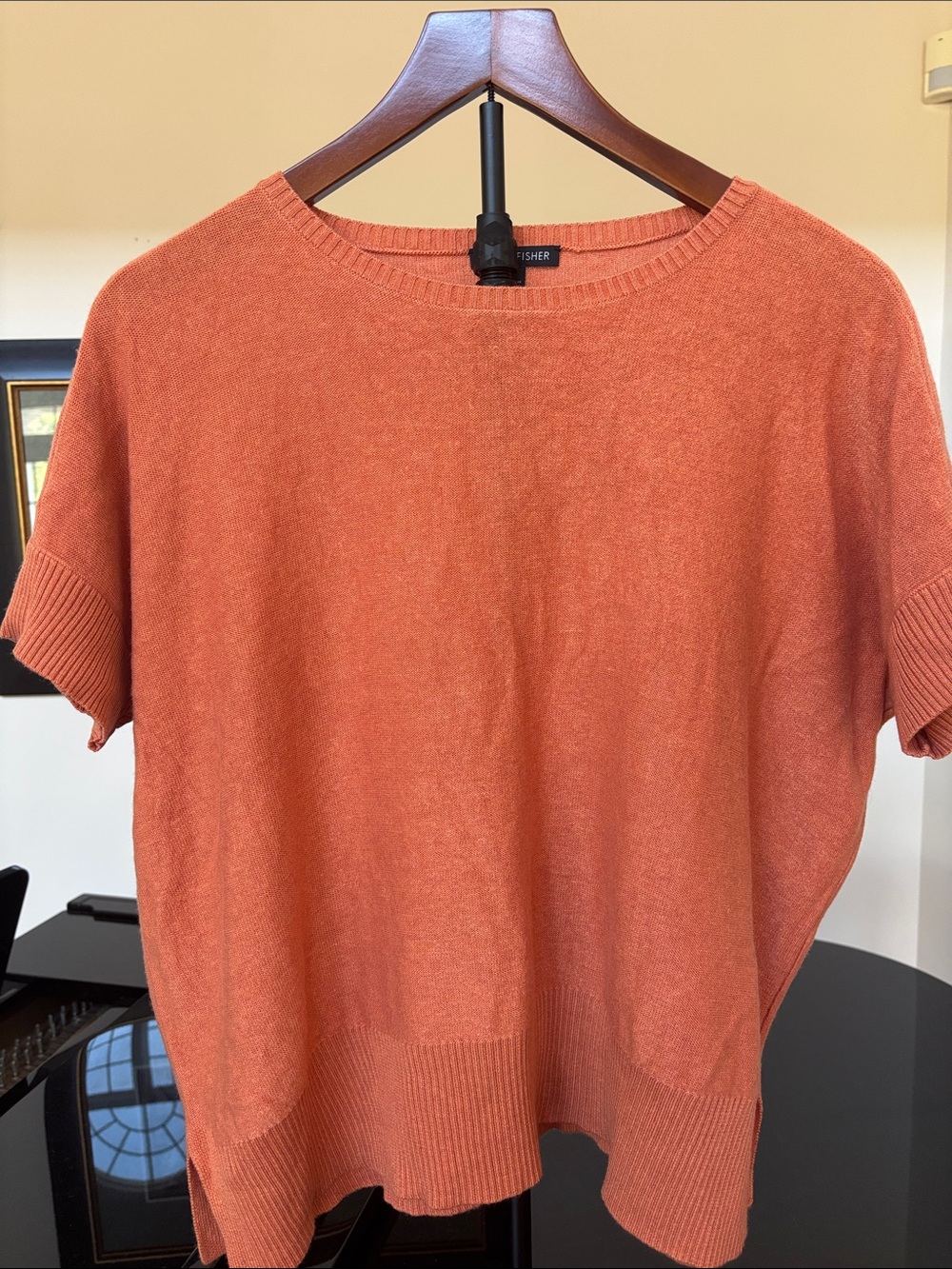 Eileen Fisher Short-Sleeve Crewneck Sweater in Rust. Size Medium